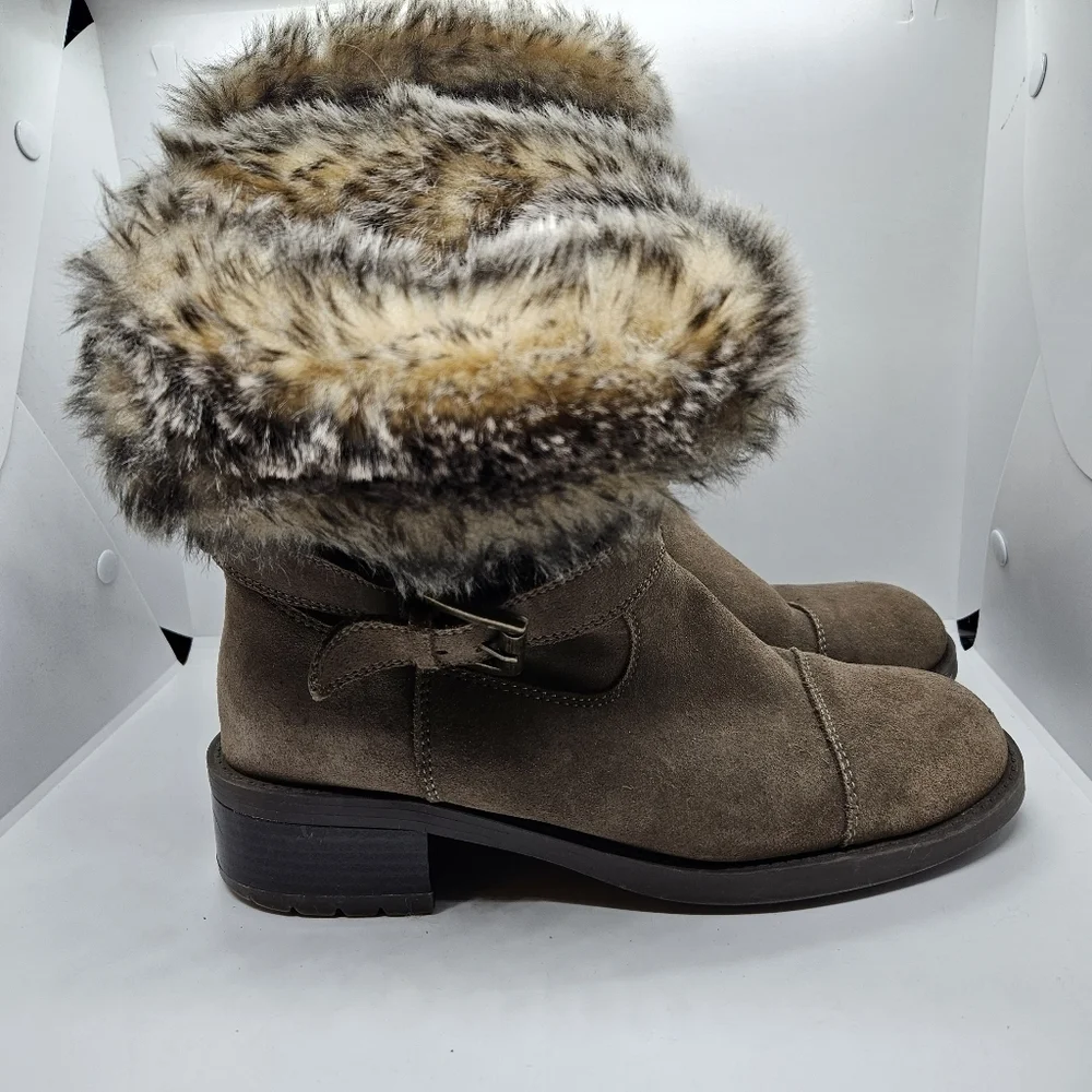 Cougar tan taupe suede faux fur lined foldover Franca boots side buckle detail 9